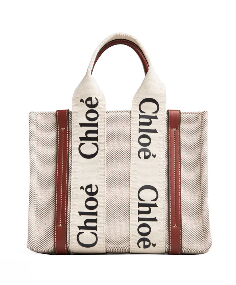 Chloe Small Woody Tote Bag With Strap Canvas with Leather Cream